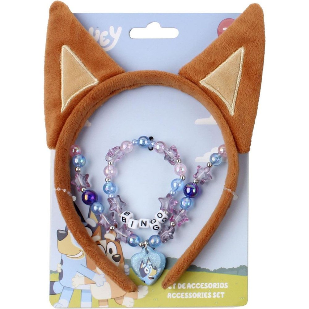 Bluey Kids Costume Jewelry Set with Soft Ears Headband Necklace and Bead Bracelet with Bingo Pendant | Play Accessories for Girls 3+ with Themed Gift Packaging