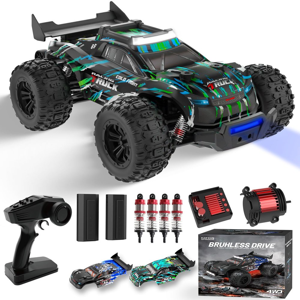1/16 RTR Brushless Remote Control Cars for Adults, 4WD 60KM/H Fast All Terrain Off-Road RC Truck, High Speed RC Car with 2 LiPo 2000 mAh Batteries, Oil-Filled Shocks, 2-Color Shell, Colorful Lights