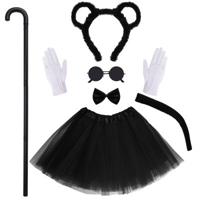 7 Pcs Mouse Costume Set Halloween Costume Accessories for Women Tutu Skirt Mouse Ears Blind Cane White Gloves Tail Sunglasses Bowtie Ser for Party Cosplay (1)
