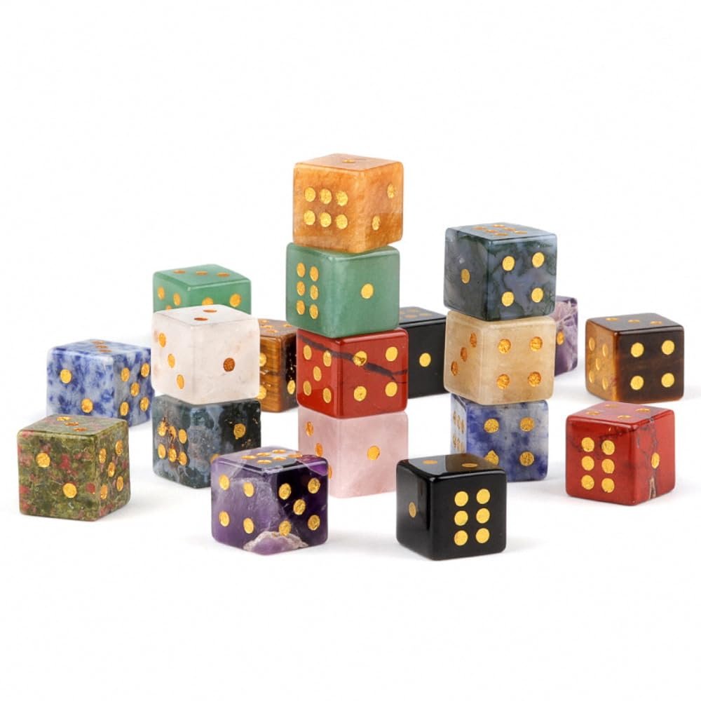12PCS a Set Natural Crystal Gemstone Dice Set, Multi-Color Semi-Precious Stone Gaming Dice with Gold Pips Home Decor