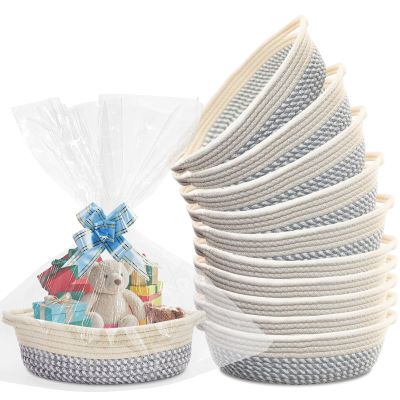 10 Pack Small Woven Basket with Gift Bags and Ribbons, Rectangle Storage Basket Set, Natural Cotton Rope Woven Baskets, Gift Basket for Baby Nursery, Toy Baskets, Bathroom Organization Bin
