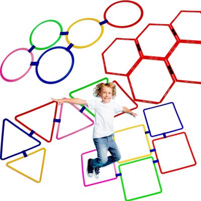 Norcoin 4 Set Hopscotch Ring Game with Connectors Obstacle Course Outdoor Indoor for Kids Fun Squares Round Triangular Hexagonal Agility Training Rings Playground for Girls Boys