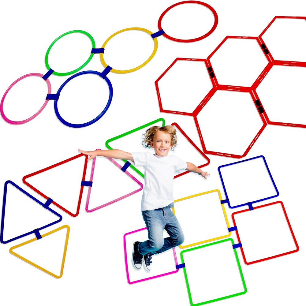 Norcoin 4 Set Hopscotch Ring Game with Connectors Obstacle Course Outdoor Indoor for Kids Fun Squares Round Triangular Hexagonal Agility Training Rings Playground for Girls Boys