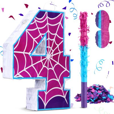 16 Inch Number 4 Spider Pinata for 4th Birthday Party Decorations Purple Pink Spider Party Favors, Spider Pinata with Stick Blindfold Confetti for 4th Birthday Party Supplies, Fiesta, Anniversary
