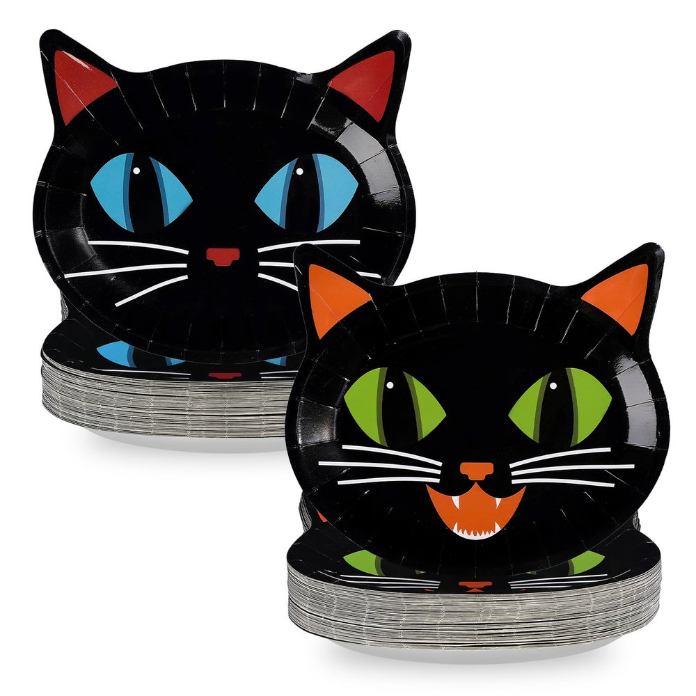 100Pcs Button Eyes Paper Plates 9 Inch Heavy Duty Horror Movie Black Cat Disposable Dessert Plates Fantasy Keyhole Dinner Serving Trays for Girls Boys Halloween Samhain Party Decorations Supplies