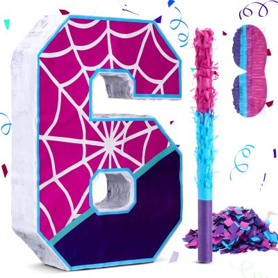 16 Inch Number 6 Spider Pinata for 6th Birthday Party Decorations Purple Pink Spider Party Favors, Spider Pinata with Stick Blindfold Confetti for 6th Birthday Party Supplies, Fiesta, Anniversary