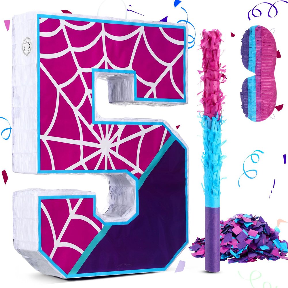 16 Inch Number 5 Spider Pinata for 5th Birthday Party Decorations Purple Pink Spider Party Favors, Spider Pinata with Stick Blindfold Confetti for 5th Birthday Party Supplies, Fiesta, Anniversary