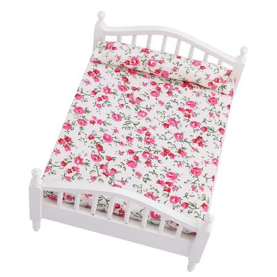 1: 12 Dollhouse Furniture Doll Accessories Flower Pattern Mini Furniture Double Bed
