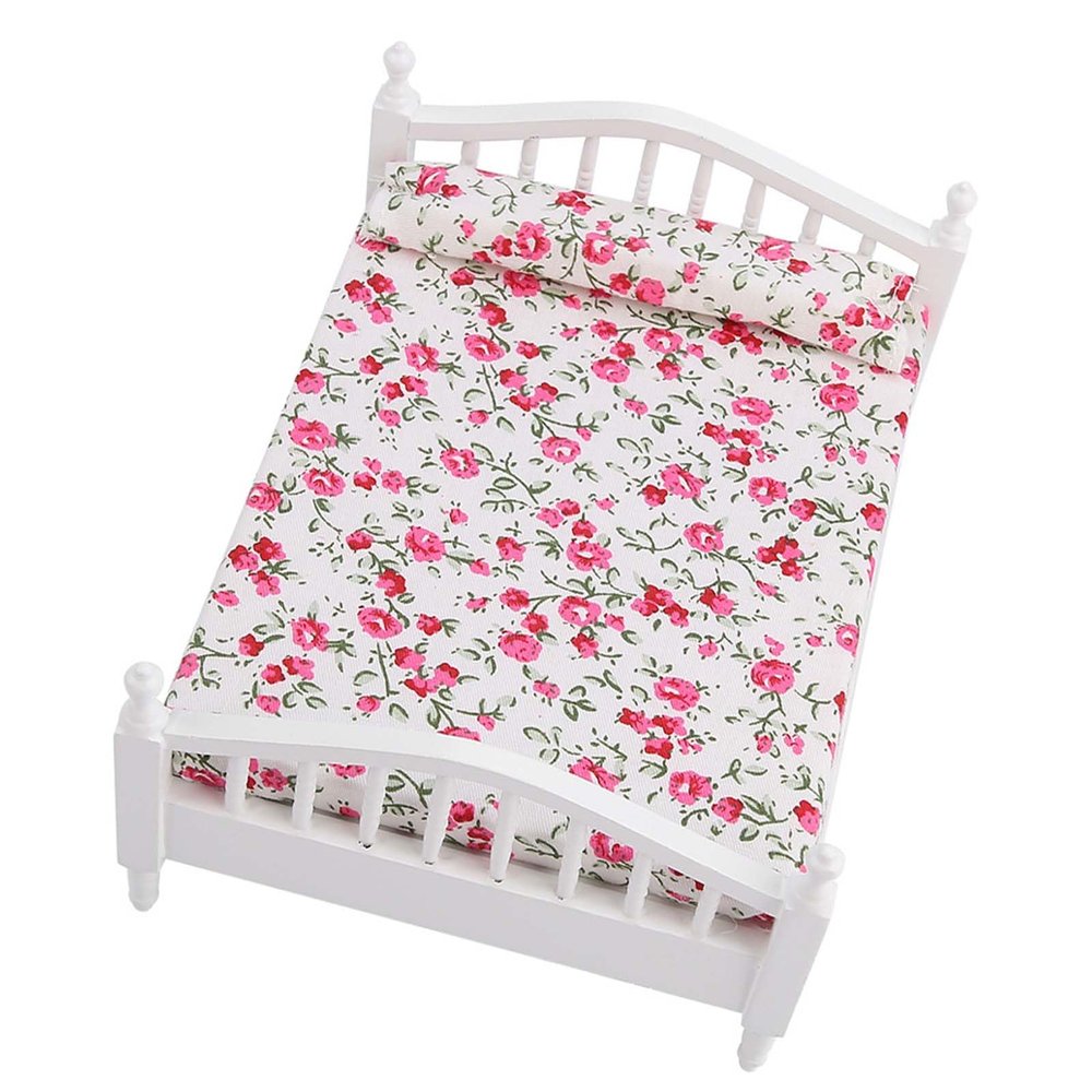 1: 12 Dollhouse Furniture Doll Accessories Flower Pattern Mini Furniture Double Bed