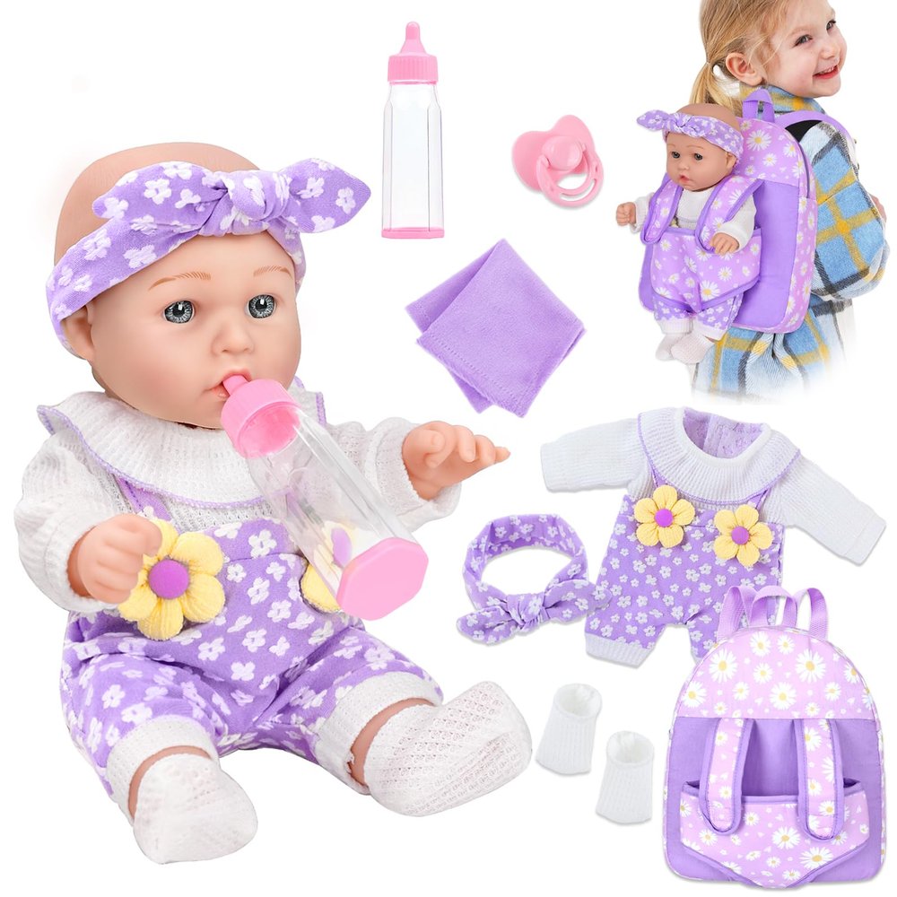 12" Flower Pattern Baby Doll With Backpack Carrier Can Store Clothes and Accessories,12 Inch Baby Dolls Set In Gift Box With Hanky Pacifier Bottle Pretend Baby Care Toy For Girl Child Toddler 3+ Gifts
