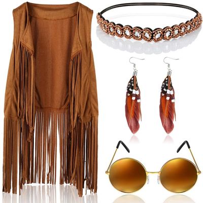 60S 70S Women'S Hippie Costume Set, Tassel Vest, Boho Headband, Feather Earrings, Retro Sunglasses, Complete Hippie Set For Cosplay Or Theme Parties