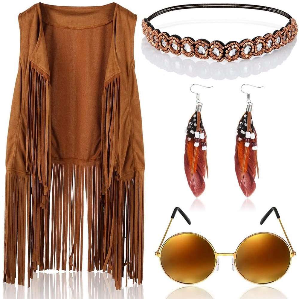 60S 70S Women'S Hippie Costume Set, Tassel Vest, Boho Headband, Feather Earrings, Retro Sunglasses, Complete Hippie Set For Cosplay Or Theme Parties