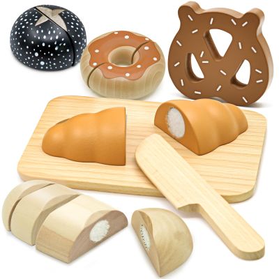 Acelane Wooden Bakery Food Playset, Kids Pretend Play Bread Cutting Food Set Toys for Boys Girls, Educational Kitchen Wooden Food Toys for Toddler & Kids 3+ Ages Birthday Gift