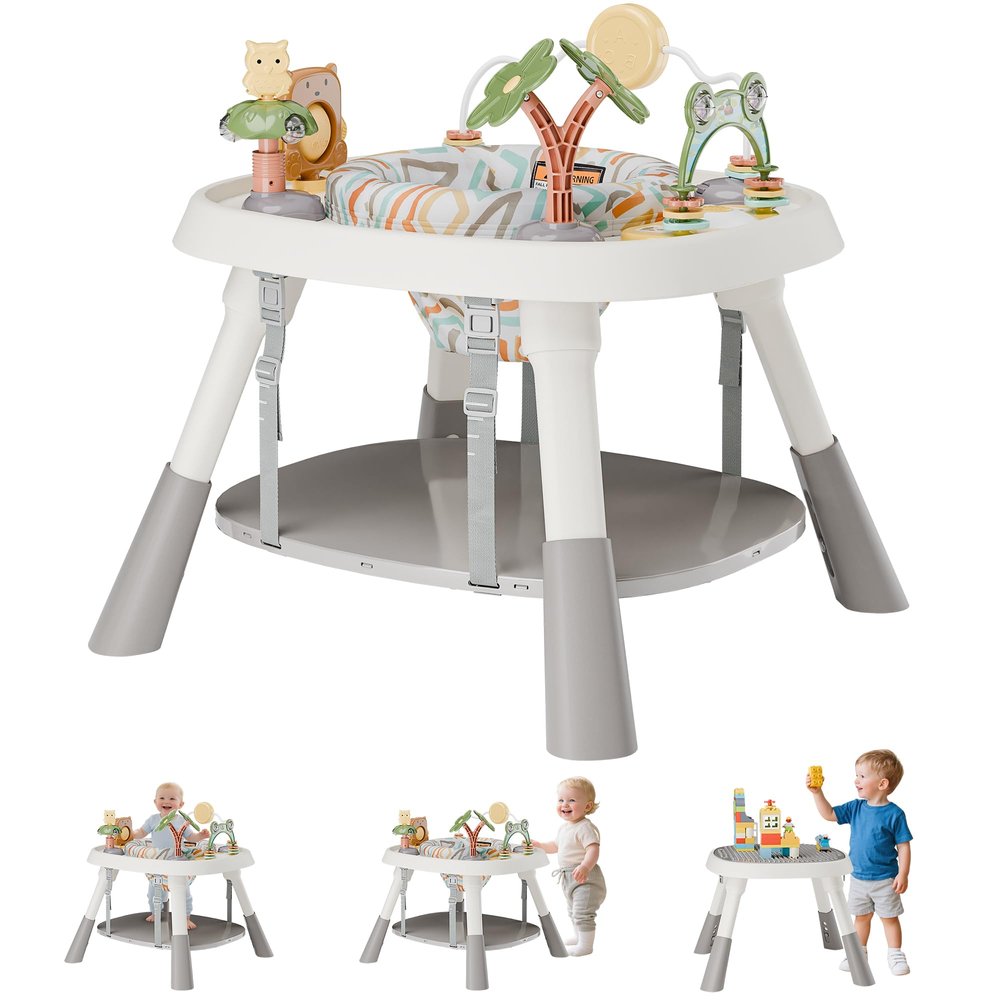 Baby Activity Center, Baby Jumpers and Bouncers with 5 Toys, Lights & Music, Adjustable Heights, 3-Stage Activity Center & Play Table, 360 Rotary Interactive Play Center for Baby Ages 6m+ (White)