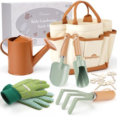 Dreamon Gardening Set Toys for Kids, Quality Garden Tool Kit Includes Tote Bag, Gloves, Shovel, Rake, Cultivator, Watering Can, STEM Learning Outdoor Gifts for Kids Toddlers