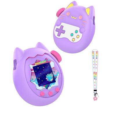 YAJOJO For Tamagotchi Paradise Soft Silicone Case with Flower series Lanyard ,360-degree Full Protective Case Cover with Tamagotchi Paradise , Scratch Shock ProtectionPURPER