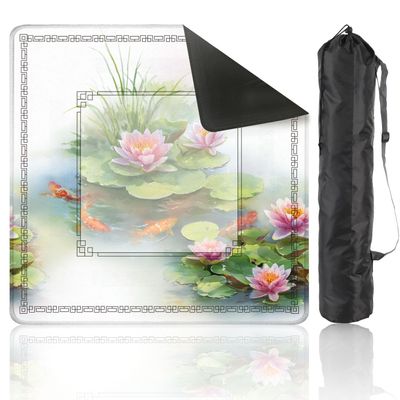 Mahjong Mat 31.5" x 31.5" Vibrant Watercolor Lotus Pond Blooming Flowers Fish Non-Slip Noise Reduction Mahjong Tiles Table Cover for Dominoes Poker Card Board and Tile Games