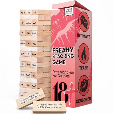 54Pcs Couples Games for Adults, Super Naughty Tumbling Wooden Lust Tower Stacking Game with Intimate Dares for Date Night Party, Spicy Romantic Intimacy Valentines Day for Couple