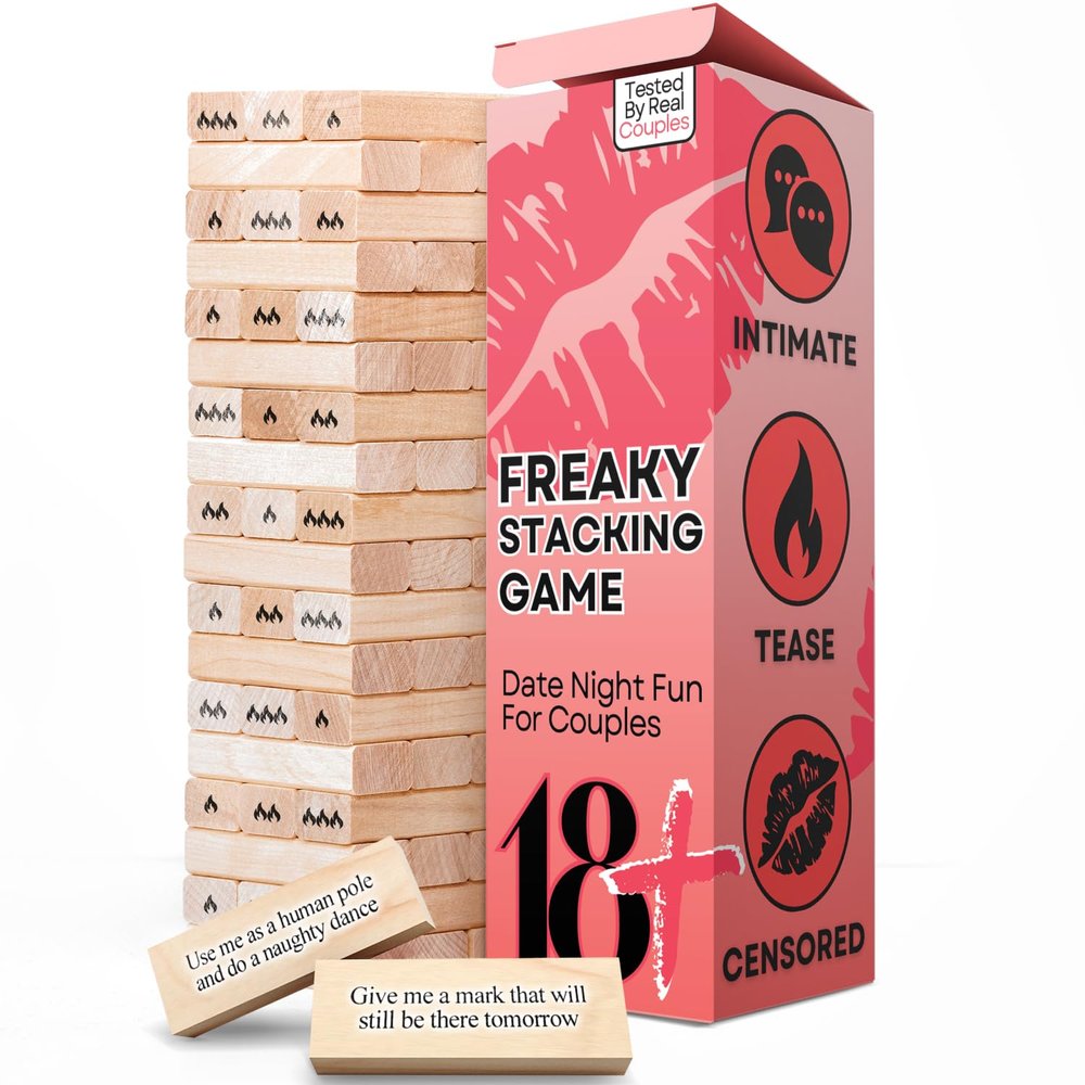 54Pcs Couples Games for Adults, Super Naughty Tumbling Wooden Lust Tower Stacking Game with Intimate Dares for Date Night Party, Spicy Romantic Intimacy Valentines Day for Couple
