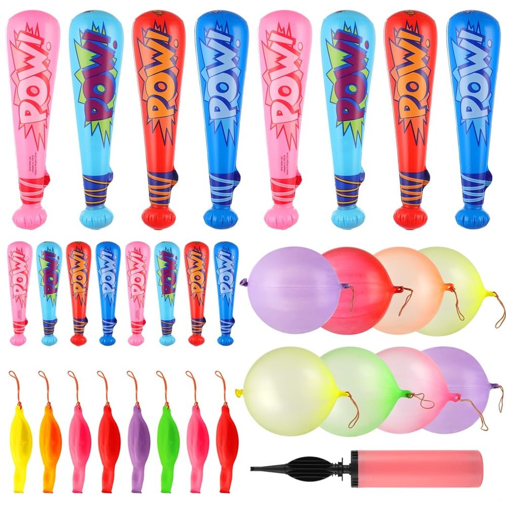 33 Pcs Inflatable Hero Party Pack, 16 Baseball Bats, 16 Punch Balloons, 1 Pump, Great for Pool Parties and Events