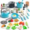 Bruvoalon 67Pcs Kids Play Kitchen Toys Set, Toddlers Pretend Cooking Playset Acccessories with Pots Pans, Utensils Cookware, Foods, Canned Veges, Learning Gift for Kids Girls Boys (Turquoise) view 1