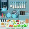 Bruvoalon 67Pcs Kids Play Kitchen Toys Set, Toddlers Pretend Cooking Playset Acccessories with Pots Pans, Utensils Cookware, Foods, Canned Veges, Learning Gift for Kids Girls Boys (Turquoise) view 2