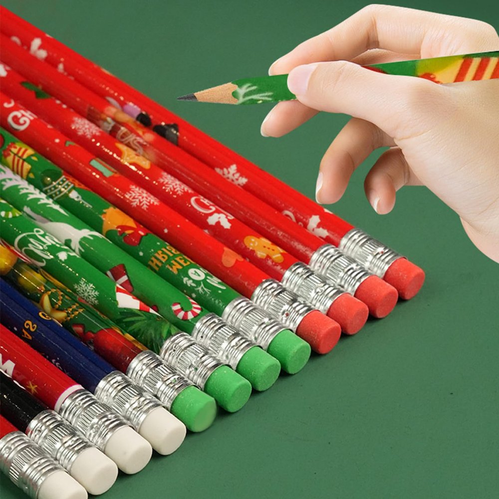 24 Pieces Christmas Pencils, Wooden Pencils Christmas Pencil with Eraser for Christmas, Small Gifts, Advent Calendar, Christmas School Gift for Students Children Colleagues