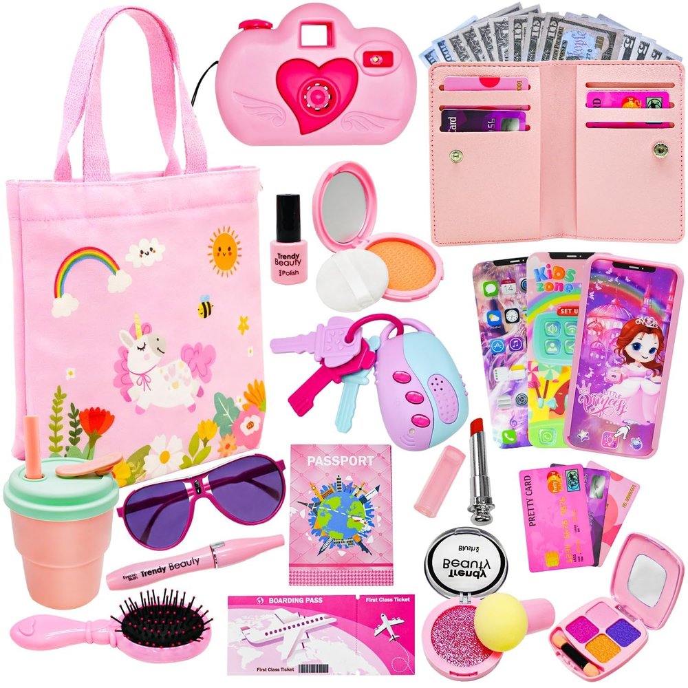 Play Purse Toys for Girls, Toddler Girl Purse Toy with Pretend Makeup Accessories, Pretend Princess Play Toys for Toddlers, Birthday Christmas Purse Toy Gifts for Girls 2 3 4 5 6 Year Old