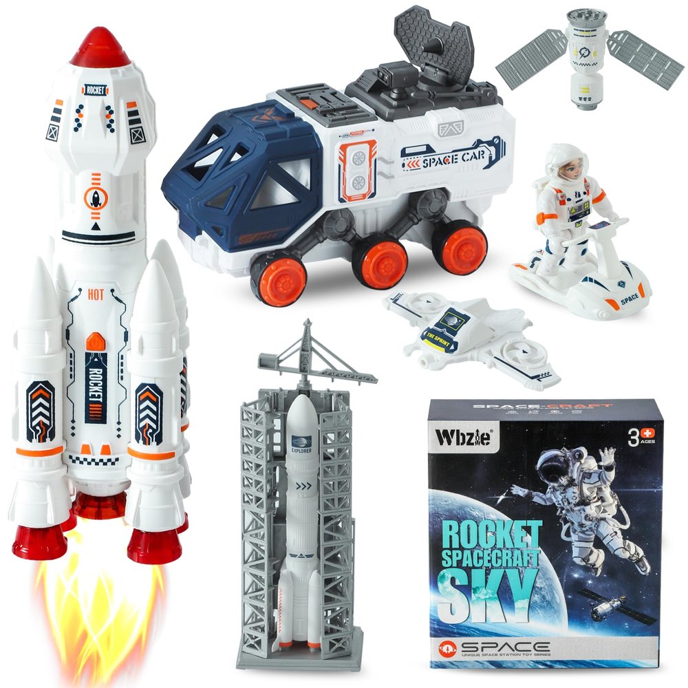 Wbzle Space Ship Toys for Kids, Rocket Toy Set with Light Sound Spray Effect, Space Set Include Car, Rocket Launcher, Satellites, Outer Space Playset Series
