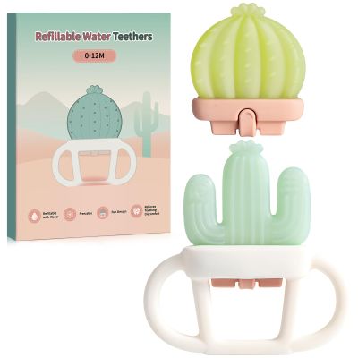 2 Pcs Baby Teether Toy - Water Fillable Teething Relief for Infants 0-12 Months, Silicone Baby Teething Toys Chill Teether, Cools & Massages Sore Gums (Green Cactus)