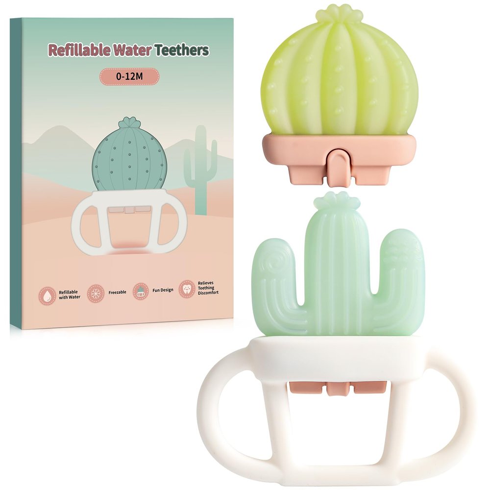 2 Pcs Baby Teether Toy - Water Fillable Teething Relief for Infants 0-12 Months, Silicone Baby Teething Toys Chill Teether, Cools & Massages Sore Gums (Green Cactus)