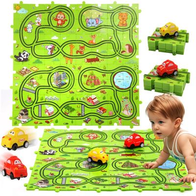 70 Pieces Farm & Forest Puzzle Track Car Play Set with 6 Cars, Race Car Track for Kids Ages 4-8, Educational Puzzle Racer Toys for Boys & Girls (70 Piece, Farm & Forest Theme)