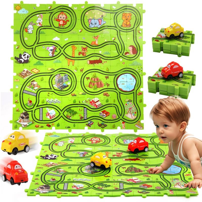 70 Pieces Farm & Forest Puzzle Track Car Play Set with 6 Cars, Race Car Track for Kids Ages 4-8, Educational Puzzle Racer Toys for Boys & Girls (70 Piece, Farm & Forest Theme)