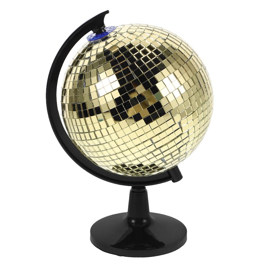 WRITWAA Disco Ball Globe Golden Reflective Mirror Ball Rotating World Map Globe With Stand Kids Educational Desk Classroom for Geography Table Decor