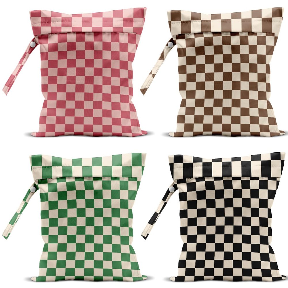 4 Pack Cute Wet Bag Waterproof Washable Reusable Wet Dry Bag for Swimsuit Dirty Clothes Diaper Travel Pool Yoga Gym Birthday Party Camping Toiletries Beach Essentials, Colorful Checkered