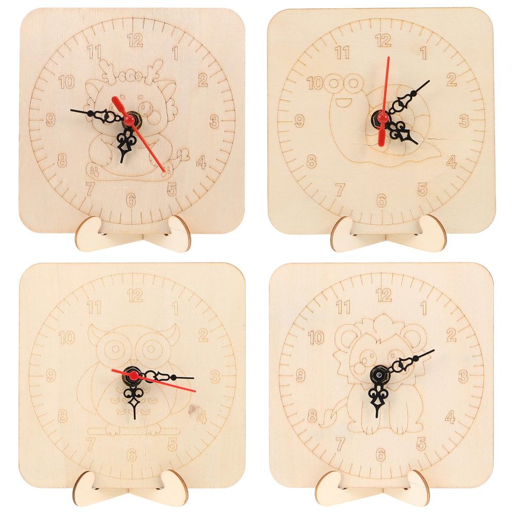 ADOCARN 4 Sets Kids DIY Clock Making Kit - Blank Wooden Clock Dial for Painting - Silent Mechanism - Ideal for Handicraft Projects Home Decor