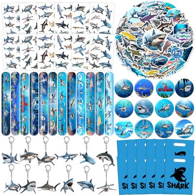 110 PCS Realistic Shark Party Favors, Shark Temporary Tattoos Slap Bracelets Keychains Stickers Badges Goodie Bags for Ocean Birthday Party Decorations Supplies Gifts for Kids Classroom Rewards