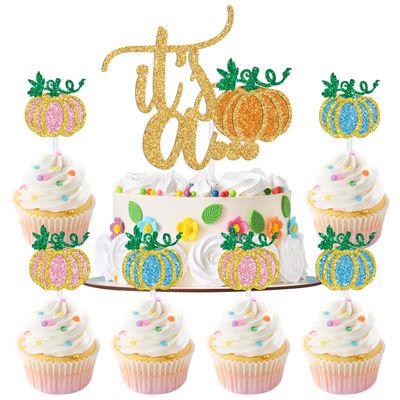 11pcs Pumpkin Its A...Gender Reveal Cupcake Topper, Pumpkin Baby Shower Cake Decor, He or She/Boy or Girl, Fall Thanksgiving/Halloween Baby Shower Gender Reveal Party Decorations Supplies