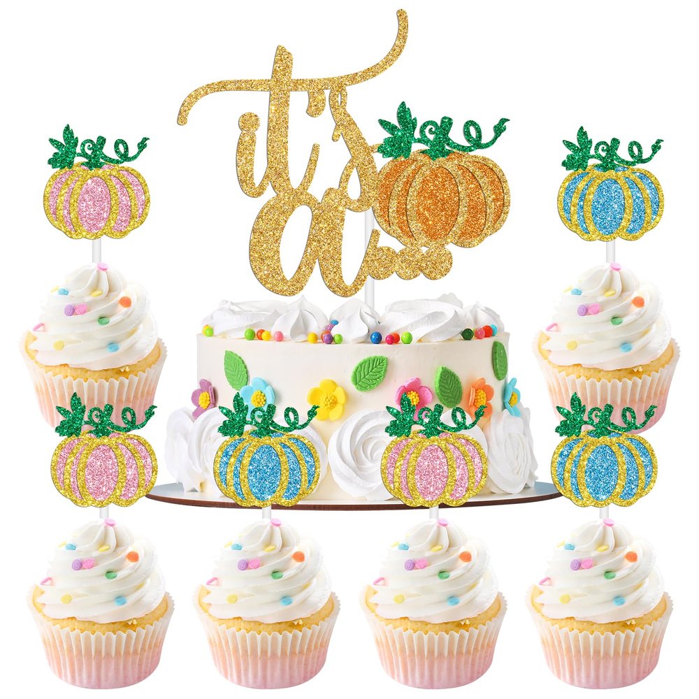 11pcs Pumpkin Its A...Gender Reveal Cupcake Topper, Pumpkin Baby Shower Cake Decor, He or She/Boy or Girl, Fall Thanksgiving/Halloween Baby Shower Gender Reveal Party Decorations Supplies