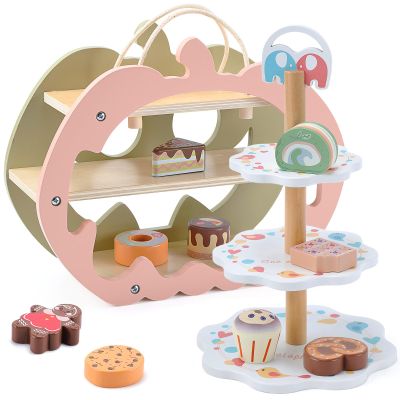 CUTE STONE Wooden Toy Tea Party Set, Kids Dessert Playset with Double-Sided Holiday Stand, Cupcake Stand, Pretend Play Baking Food for Toddler 3-6 Years Old Girls Boys