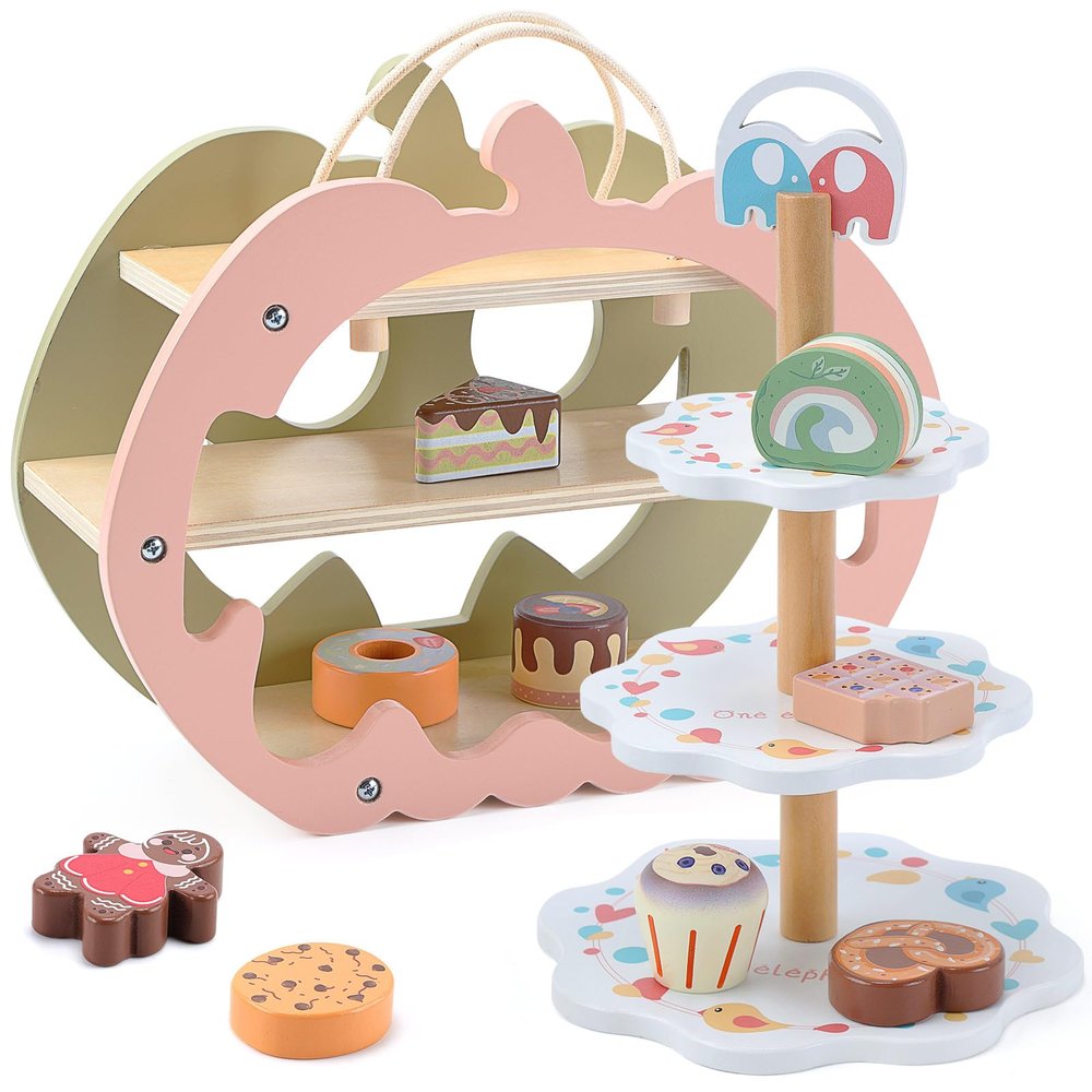 CUTE STONE Wooden Toy Tea Party Set, Kids Dessert Playset with Double-Sided Holiday Stand, Cupcake Stand, Pretend Play Baking Food for Toddler 3-6 Years Old Girls Boys