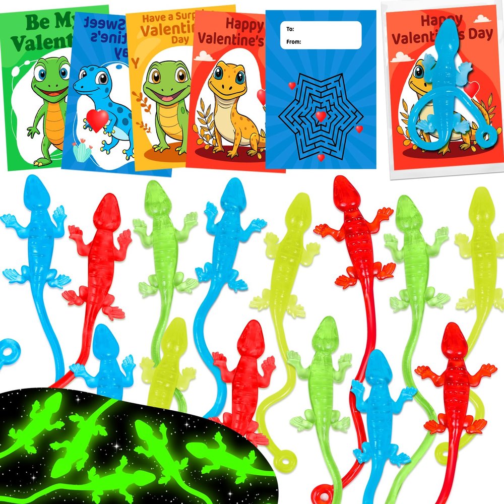 30PCS Valentines Day Cards Gifts for Kids Sticky Gecko Toys With Valentines Greeting Cards Kids Valentines Party Favors Classroom Exchange Gifts School Supplies Goodie Bag Stuffers Stretchy Bulk Toy