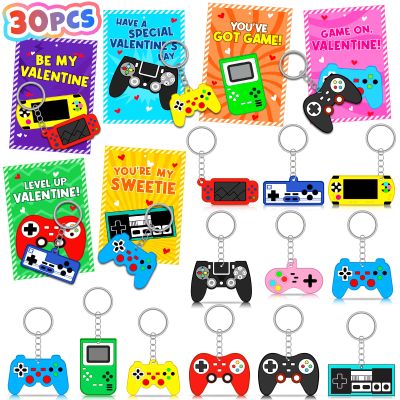 30pcs Valentines Day Cards Gifts for Kids Video Game Keychain With Valentines Cards Bulk Keychains for Kids Valentines Classroom School Exchange Prizes for Boy Girl Students Toddlers Party Favor Bags