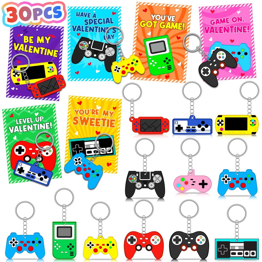 30pcs Valentines Day Cards Gifts for Kids Video Game Keychain With Valentines Cards Bulk Keychains for Kids Valentines Classroom School Exchange Prizes for Boy Girl Students Toddlers Party Favor Bags