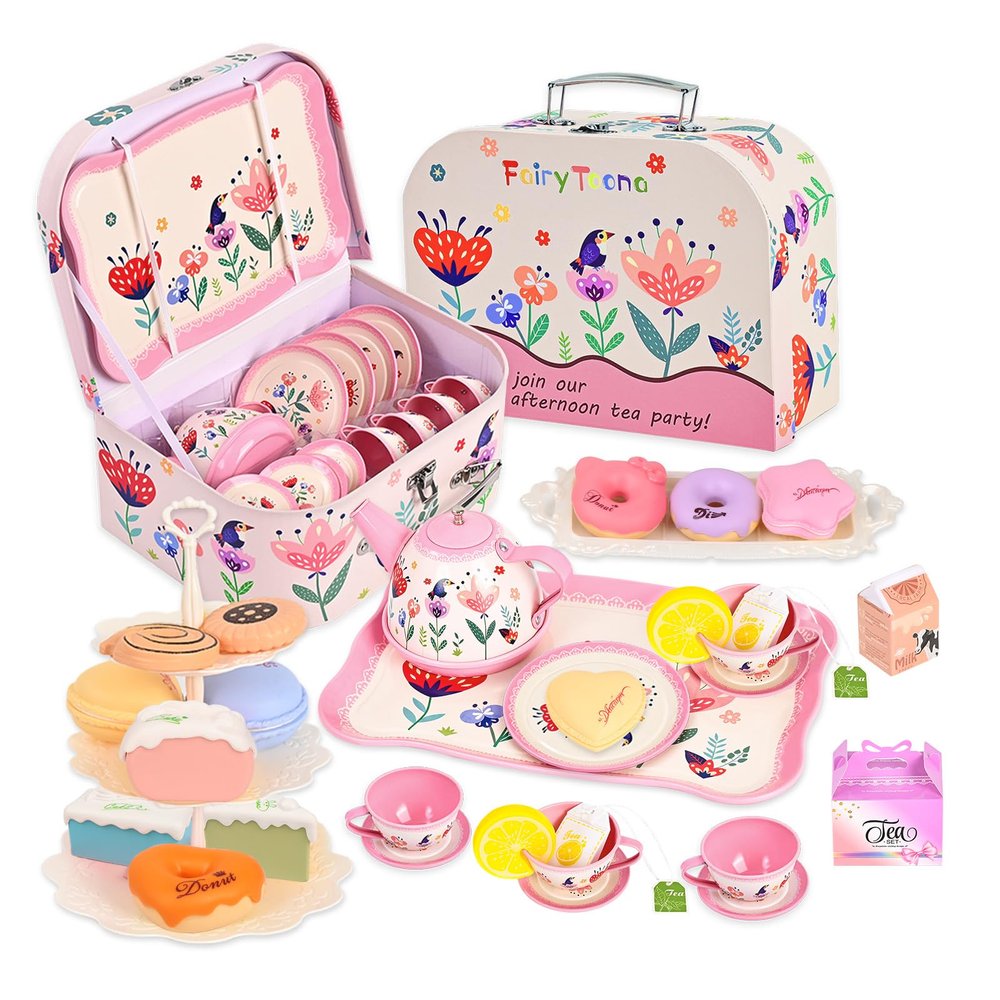 Tea Party Set for Little Girls,39 Pcs Flower Tea Set Toys with Dessert,Cake Stand,Teapot,Cups,Plates,Storage Case,Pretend Play Kitchen,Birthday Princess Gift Set for 3 4 5 6 7 8 Year Old Girls