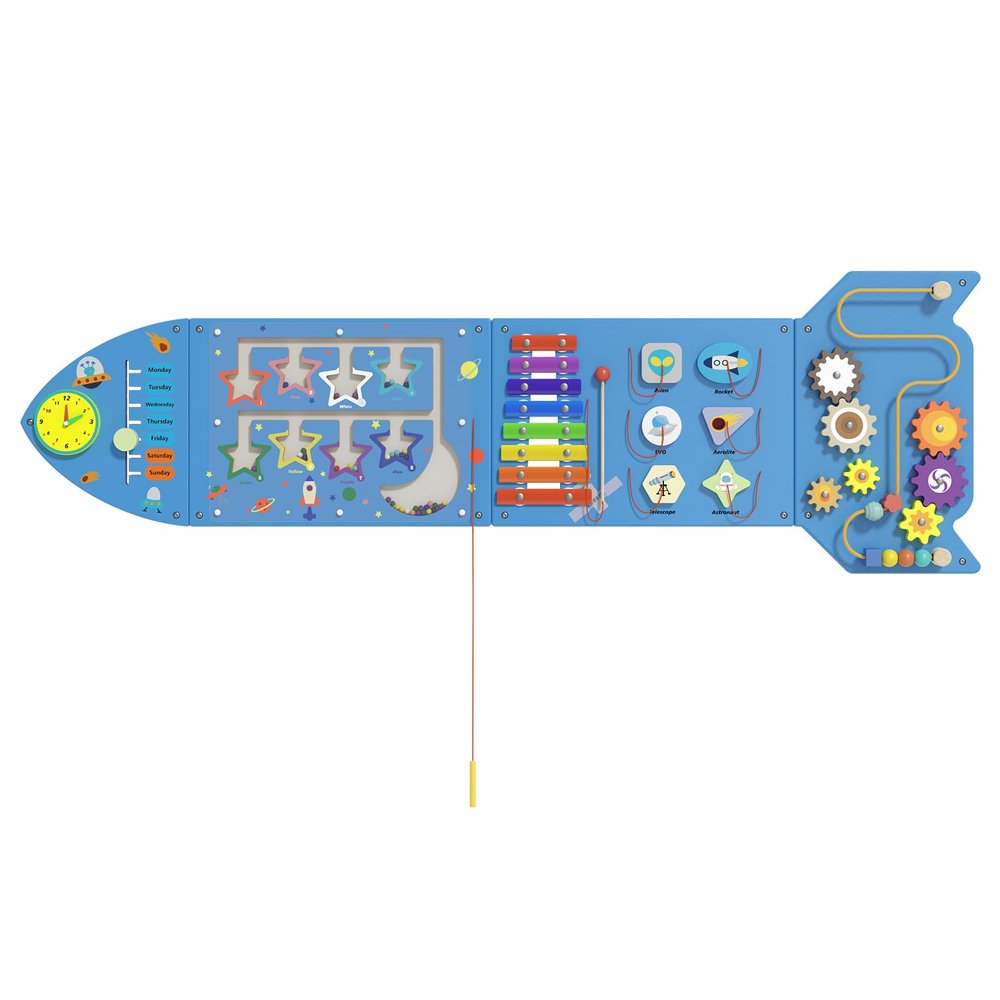Spacocld Montessori Busy Board - Blue Rocket Activity Wall Panels, Wall Toys for Toddlers 3+, Sensory Panels for Kids, Wooden Activity Cubes, Playroom Daycare Toys, Toddler Sensory Board (4PCS)
