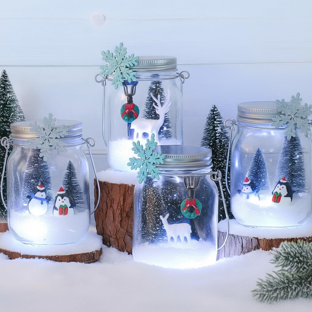 Chunful 4 Pack Winter Craft Kits for Kids, Mason Jar Kit with Accessories for DIY Holiday Party Supplies, DIY Art and Craft Projects Ornament Kits Winter Party Favor Gifts Xmas Activities