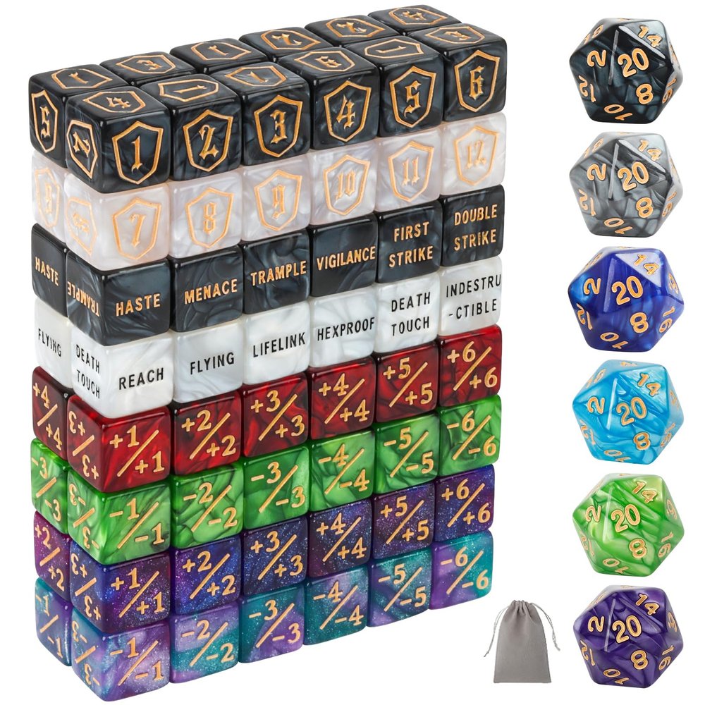 102 Pieces MTG Dice Counters Set Bulk Ability Keyword Tokens Shield Life Counters 6 Sided Dice for Magic The Gathering TCG Card Gaming Accessories (Dice Set A)