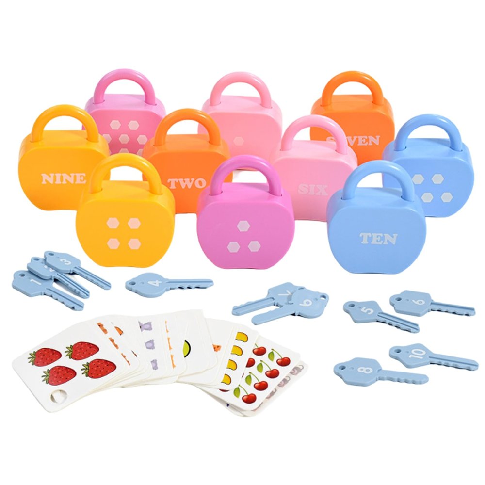1 Set Lock and Key Toy Cause and Effect Toys Montessori Baby Keys Toy Set with 10 Apple-Shaped Locks, 10 Keys & 20 Cards for Toddlers 3+ Baby