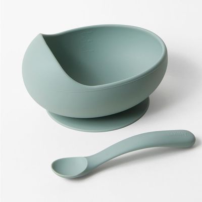 Konny Baby Bowl Microwaveable Silicone & Spoon Set, Self Feeding Essentials Baby Led Weaning Supplies -Sage